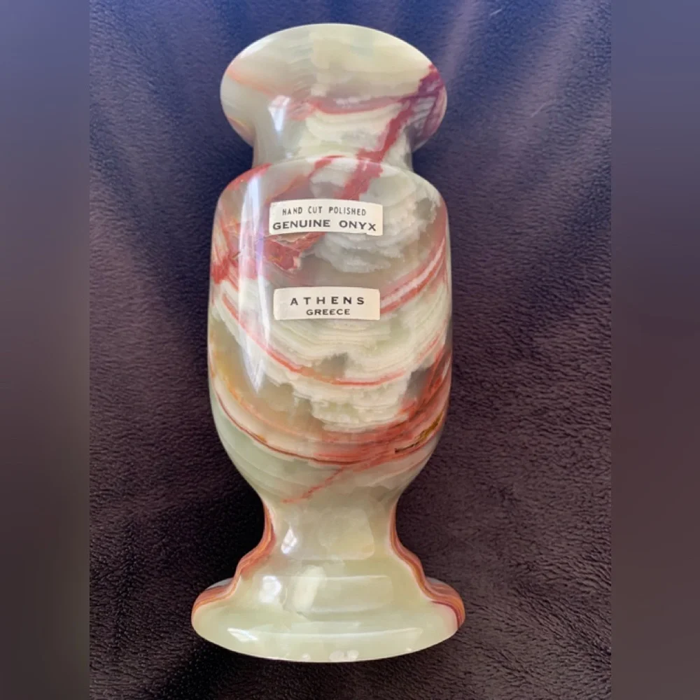 Genuine Vintage hand cut 8” ONYX vase labeled from Greece (very weighty)